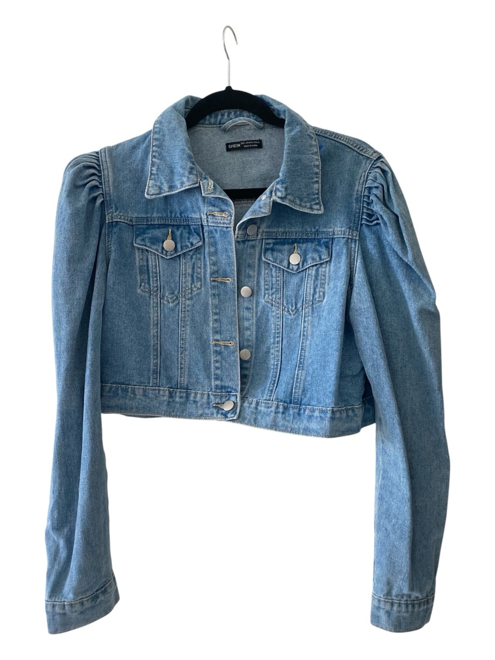 SHEIN Women's Blue Cropped Jacket Puff Sleeve Button-Front Pockets Size L